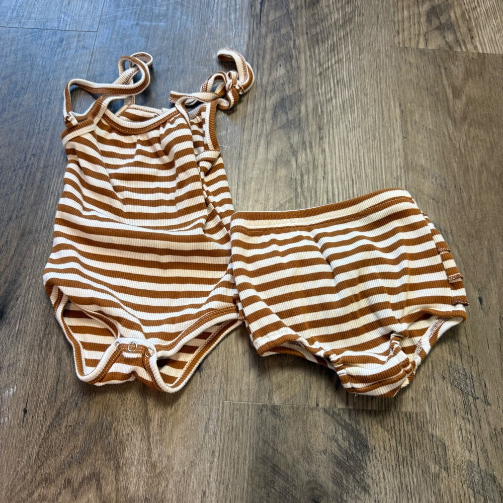 Baby Girl Ribbed Stripe Romper & Ruffle Bloomers Set – Size 70 (6–12M)